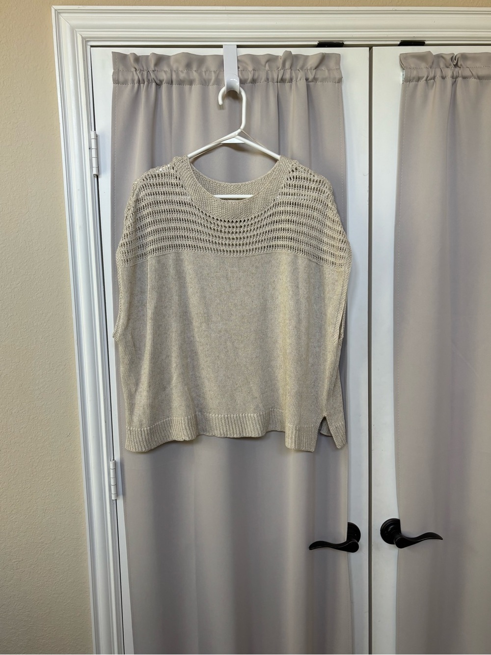 Max Studio Beige Open-Knit Yoke Crewneck Sweater
